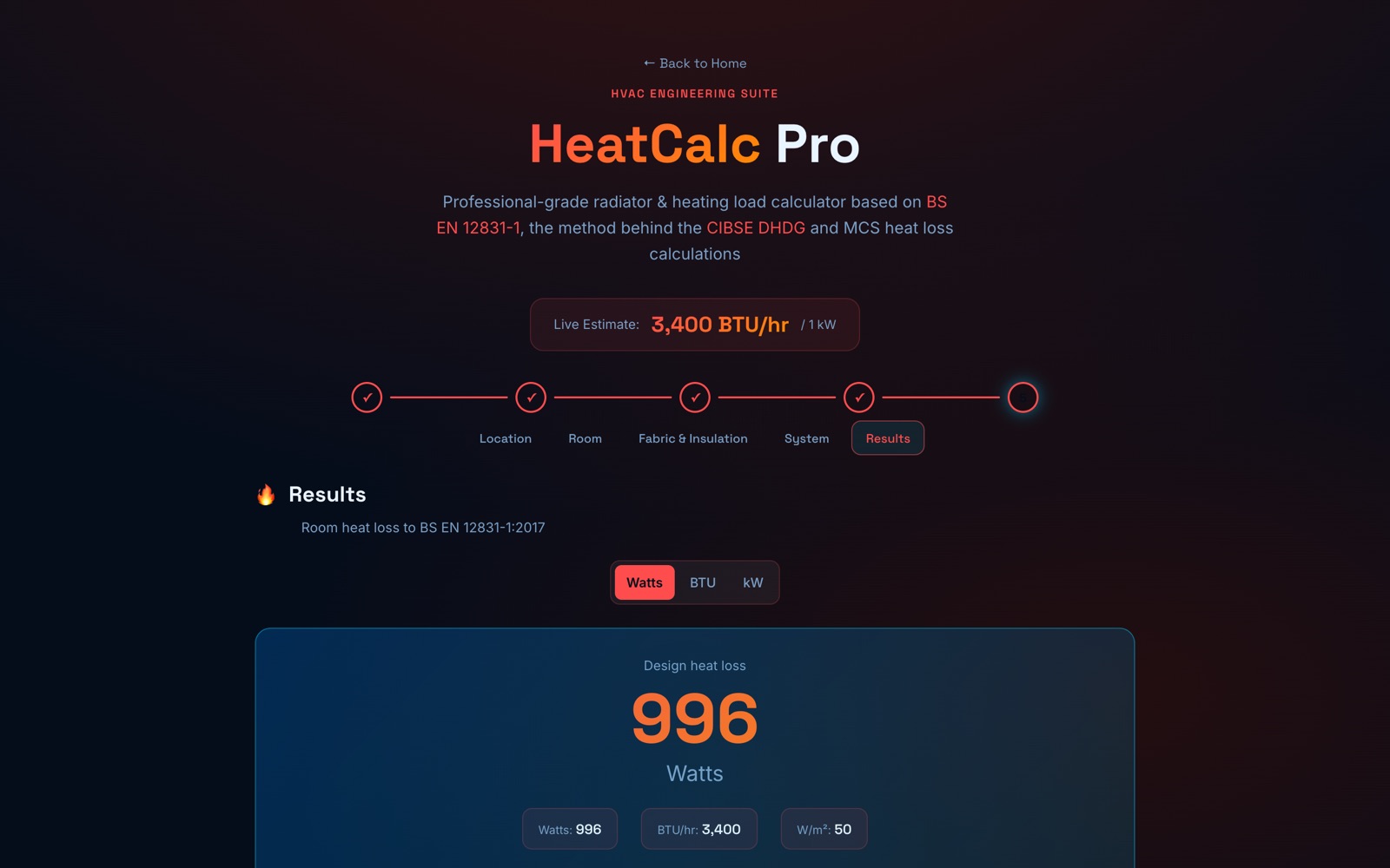 AeroCalc Pro web app: heat loss results to BS EN 12831-1