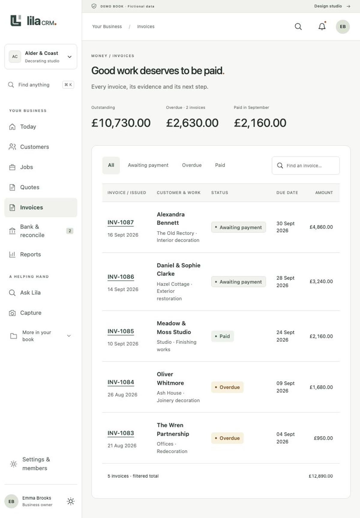 LilaCRM invoices list on tablet