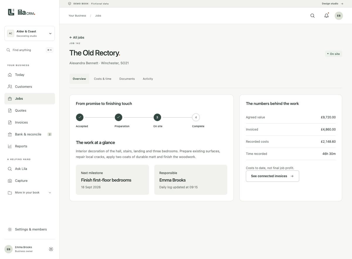 LilaCRM job page for The Old Rectory showing progress stages and job costs